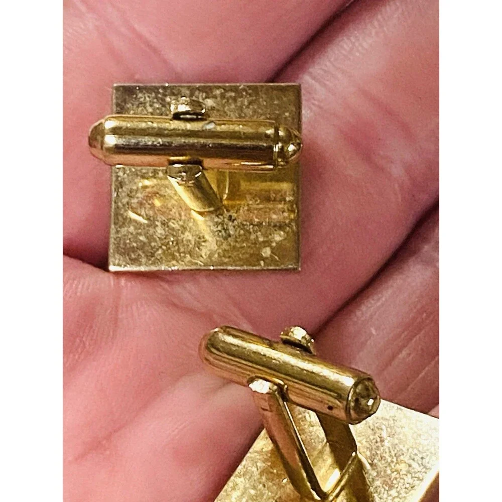 Vintage Initial P Monogram Cufflinks Gold Tone Engine Turned Square Bullet Back